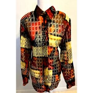 Vtg 80s Hot Stuff Patchwork Blouse Boho Sheer Mesh Abstract Retro Eclectic USA L